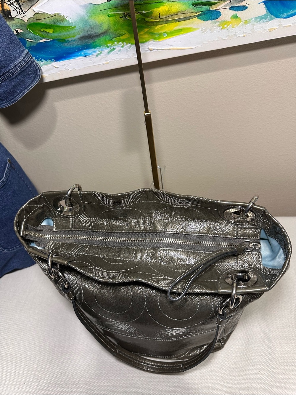 Coach Alex Stitched Patent Tote in a metallic Ollive Green color - Picture 8 of 13